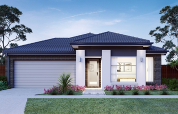 Modern single-story house facade with dark brickwork, white rendered pillars, a double garage, and a landscaped front garden at dusk.