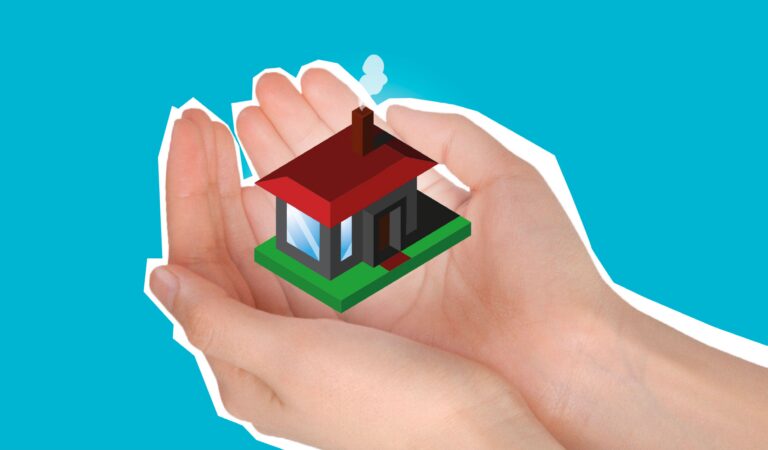 Illustration of hands holding a model house, symbolising homeownership or real estate care.