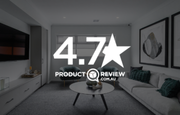 Promotional graphic displaying a 4.7-star ProductReview.com.au rating over a modern living room interior.