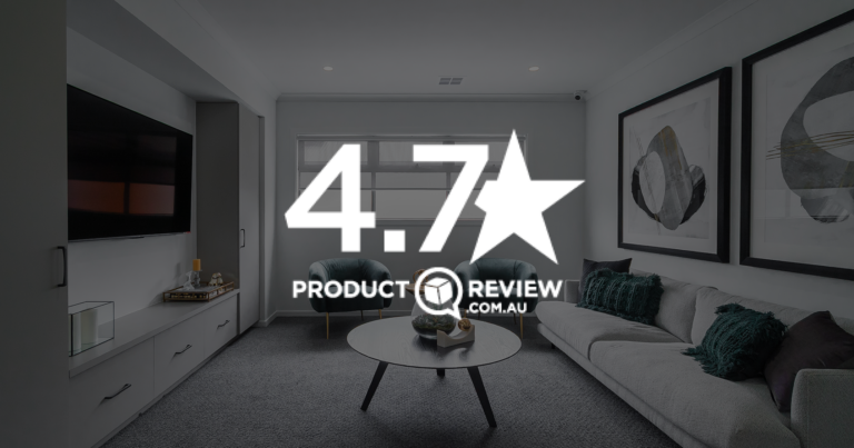Promotional graphic displaying a 4.7-star ProductReview.com.au rating over a modern living room interior.