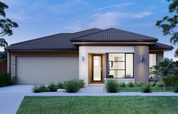 Modern single-story home facade featuring a double garage, dark tiled roof, rendered entrance frame, and landscaped front yard at dusk.