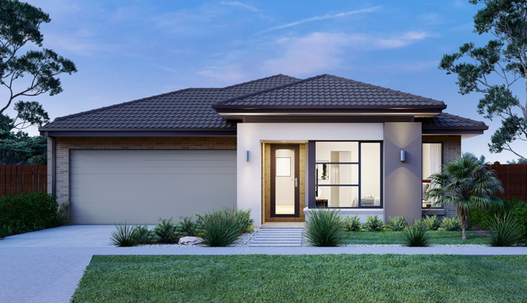 Modern single-story home facade featuring a double garage, dark tiled roof, rendered entrance frame, and landscaped front yard at dusk.