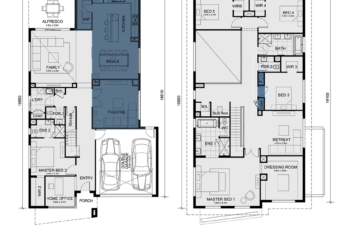 Architectural floor plan for the Malvern 443 design option, highlighting structural layout modifications across the ground and first floor levels in blue shading.