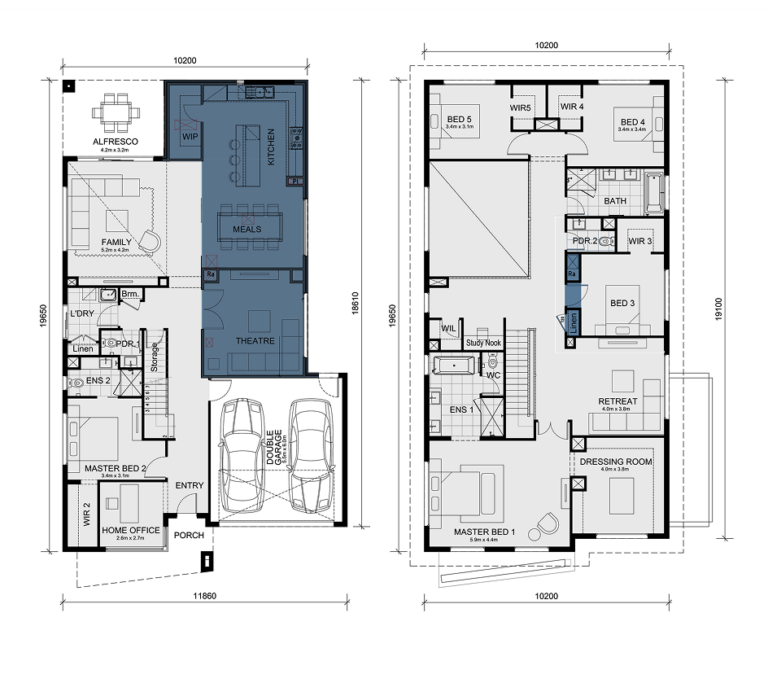 Architectural floor plan for the Malvern 443 design option, highlighting structural layout modifications across the ground and first floor levels in blue shading.