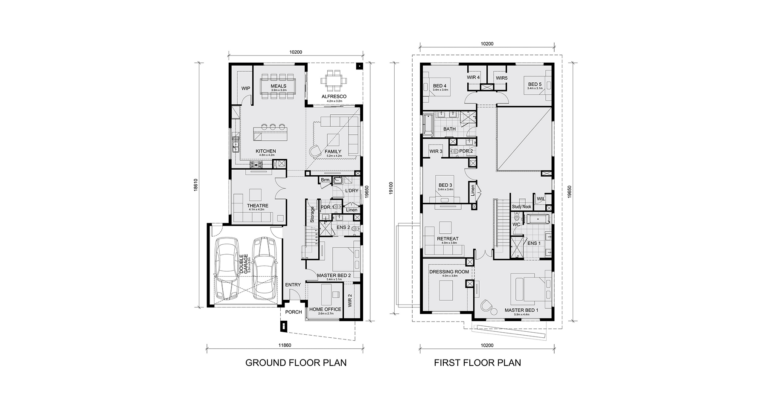 Architectural floor plan for the Malvern 443 two-story home design, illustrating the ground floor and first floor layouts.