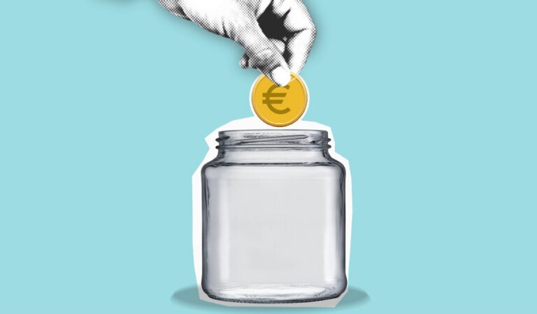 Creative collage of hand placing euro coin in jar, symbolising financial savings.