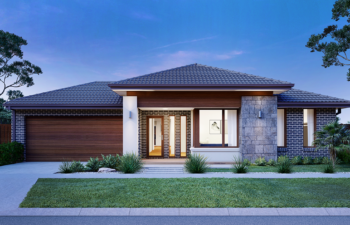 Single-story home facade featuring dark brick, grey stacked stone feature pillar, timber garage door, tiled hip roof, and modern front yard landscaping.