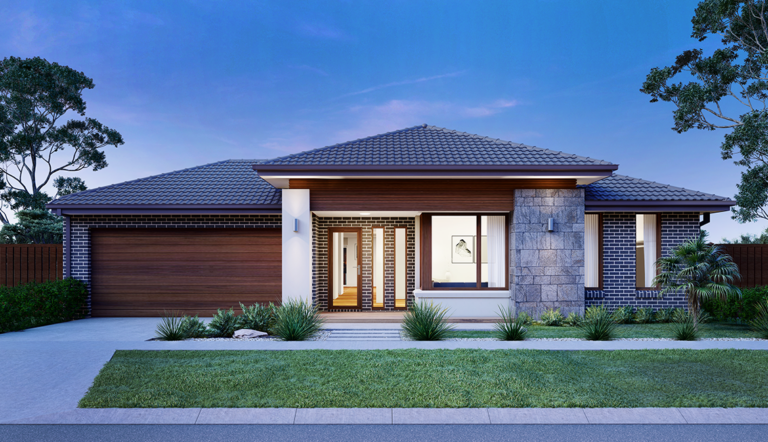 Single-story home facade featuring dark brick, grey stacked stone feature pillar, timber garage door, tiled hip roof, and modern front yard landscaping.