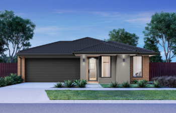 Architectural twilight rendering of a single-story brick home with a dark tiled roof, grey render accents, double garage, and exterior wall sconce lighting.