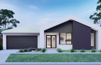 Architectural rendering of a modern single-story home featuring a bold geometric white frame, dark charcoal accents, a double garage, and neat front landscaping.