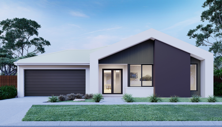 Architectural rendering of a modern single-story home featuring a bold geometric white frame, dark charcoal accents, a double garage, and neat front landscaping.