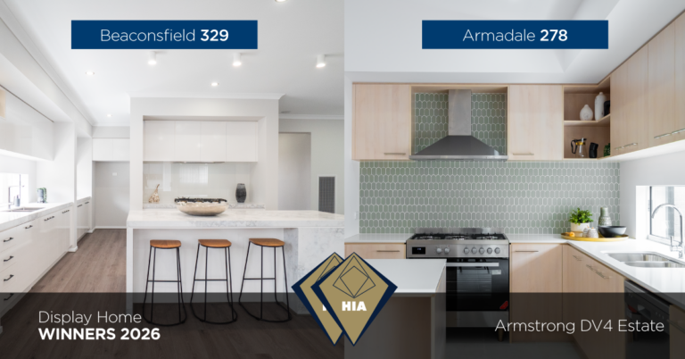HIA 2026 Display Home Winners Beaconsfield 329 and Armadale 278 modern kitchen designs at Armstrong DV4 Estate